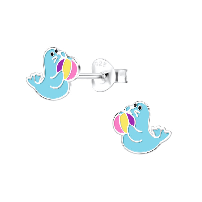 Joy|S - Zilveren zeehond oorbellen - 6 x 7 mm - turquoise - met bal