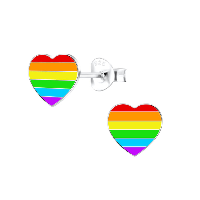 Joy|S - Zilveren hartje oorbellen - regenboog multicolor - 8 x 7 mm