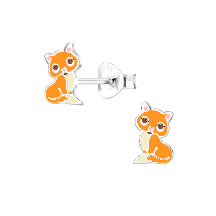 Joy|S - Zilveren kat poes oorbellen - 5 x 8 mm - oranje creme met roze oortjes - kinderoorbellen
