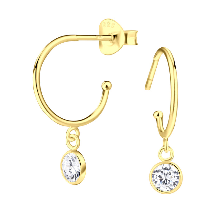 Joy|S - Zilveren oorringen met bedel - stud - zirkonia 4.5 mm - goudplating - oorbellen