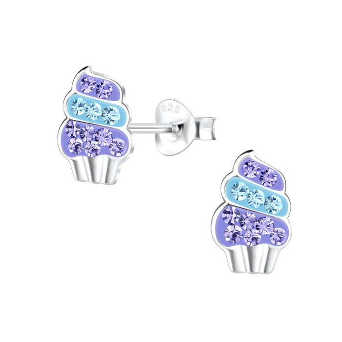 Joy|S - Zilveren cupcake ijsje oorbellen - zilver blauw - kristal - 6 x 10 mm