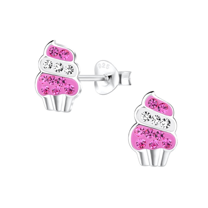 Joy|S - Zilveren cupcake ijsje oorbellen - zilver roze - kristal - 6 x 10 mm oorknoppen - t15