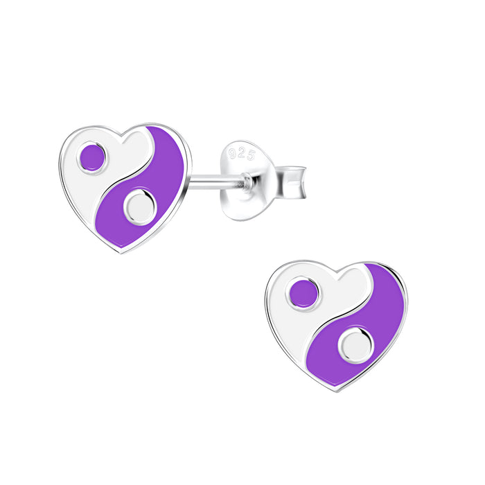 Joy|S - Zilveren hartje oorbellen - paars wit - yin yang - 8 mm