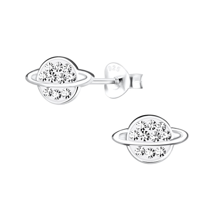 Joy|S - Zilveren planeet oorbellen - saturnus - 10 x6 mm - kristal