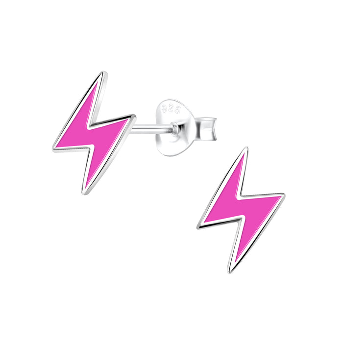 Joy|S - Zilveren bliksem oorbellen - 8 x 11 mm - magenta roze - oorknoppen met vlindersluiting