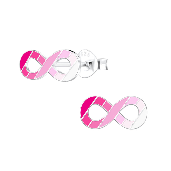 Joy|S - Zilveren Infinity oorbellen - roze wit gestreepte kinderoorbellen - 11 x 6 mm