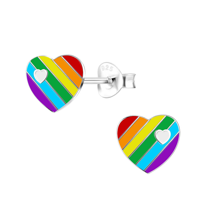 Joy|S - Zilveren hartje oorbellen - 8 x 7 mm - multicolor - regenboog