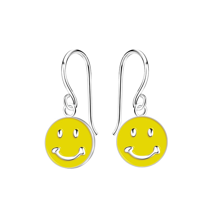 Joy|S - Zilveren smiley bedel oorbellen - geel - emoticon smiley - oorhangers - sterling zilver 925 - kinderoorbellen