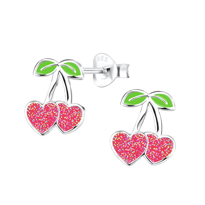 Joy|S - Zilveren kers oorbellen - 9 x 10 mm - rode hartjes met glitters