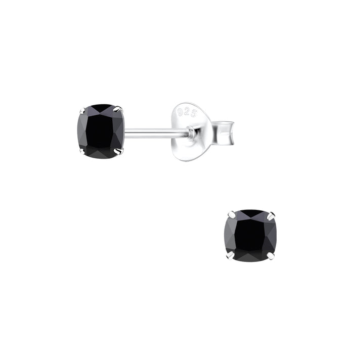Joy|S - Zilveren vierkant oorbellen - 4 mm - cushion - zwart zirkonia