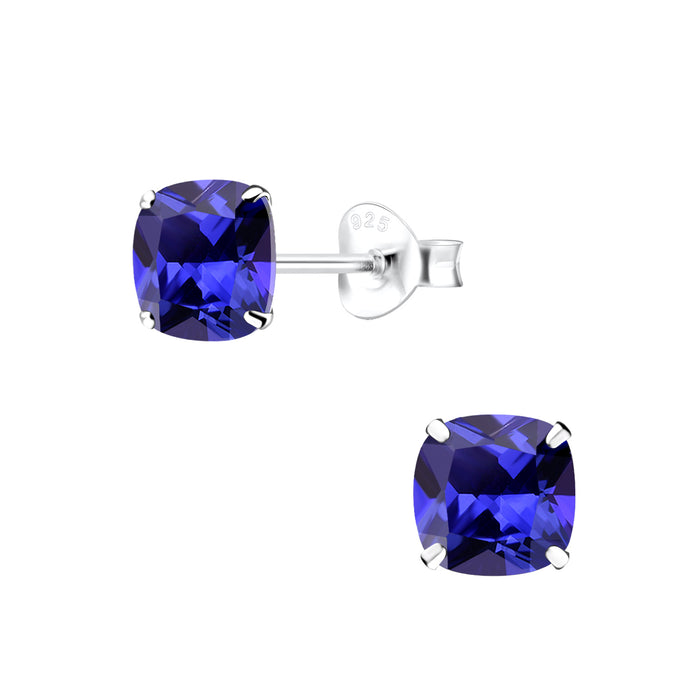 Joy|S - Zilveren vierkant oorbellen - 6 mm - cushion - tanzanite blauw zirkonia