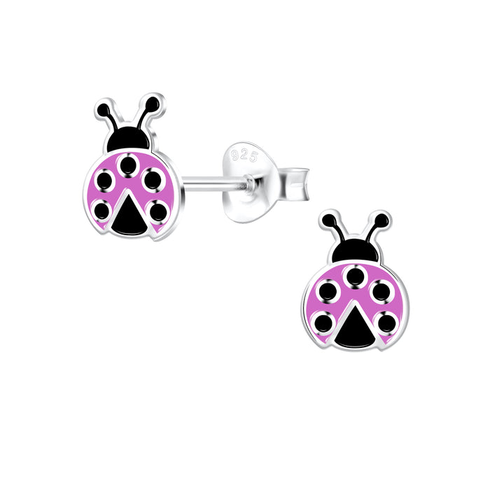 Joy|S - Zilveren lieveheersbeestje oorbellen - 6 x 8 mm - paars / lila met zwarte stippen