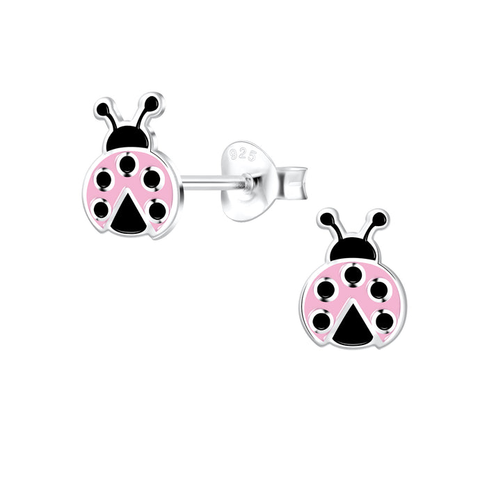 Joy|S - Zilveren lieveheersbeestje oorbellen - 6 x 8 mm - roze met zwarte stippen
