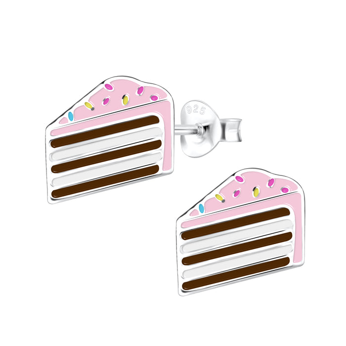 Joy|S - Zilveren taart oorbellen - verjaardagstaartje - roze met spikkels - 10 x 9 mm - kinderoorbellen cake