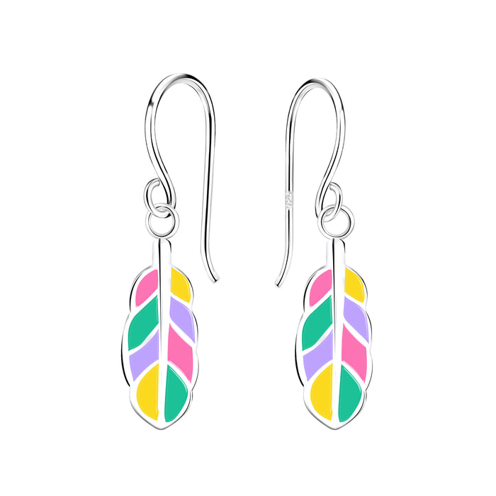 Joy|S - Zilveren veer bedel oorbellen - veertje multicolor - oorhangers - kinderoorbellen