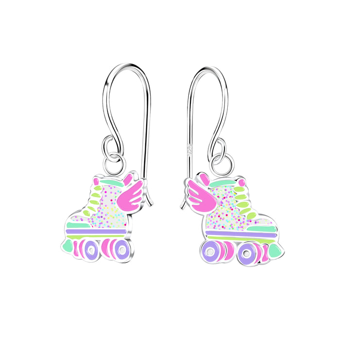 Joy|S - Zilveren rolschaatsen bedel oorbellen - rollerskates - glittertjes - oorhangers - kinderoorbellen