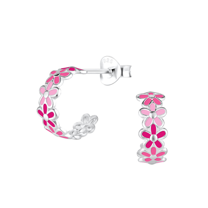 Joy|S - Zilveren bloem oorbellen - 10 mm / 5 mm madelief oorringen - roze - kinderoorbellen