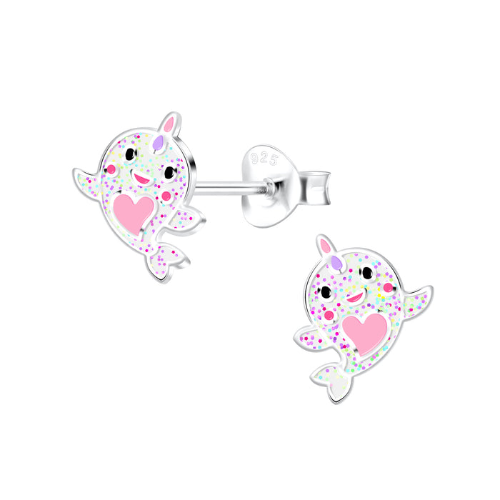 Joy|S - Zilveren walvis oorbellen - whalecorn - glitter wit met roze hartje - vis