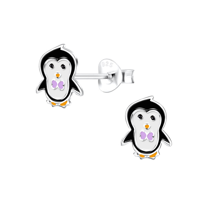 Joy|S - Zilveren pinguïn oorbellen - 7 x 9 mm - paarse strikje