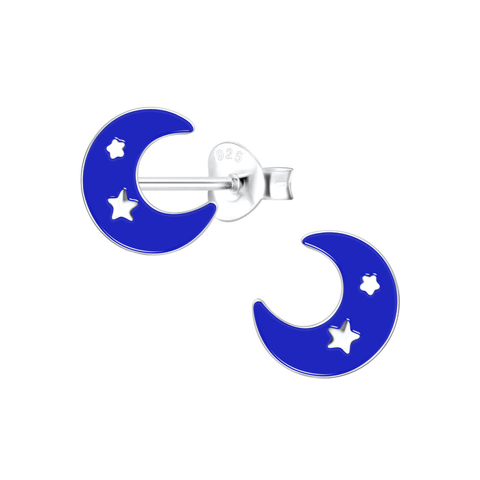 Joy|S - Zilveren maan oorbellen - 8 x 9 mm - blauw met kleine sterretjes