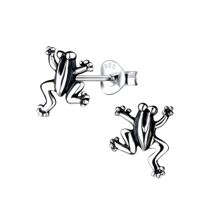 Joy|S - Zilveren kikker oorbellen - 8 x 10 mm - geoxideerd - oorknoppen