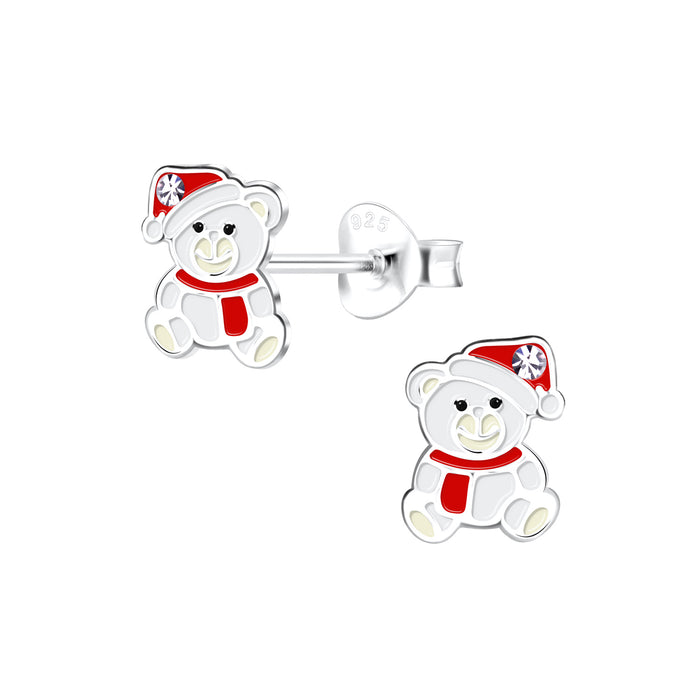 Joy|S - Zilveren kerst beer oorbellen - 6 x 8 mm - wit rood zilver