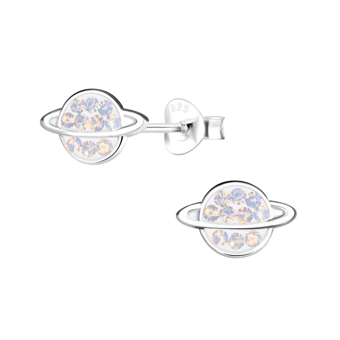 Joy|S - Zilveren planeet oorbellen - saturnus - 10 x 6 mm - kristal wit paarlemoer