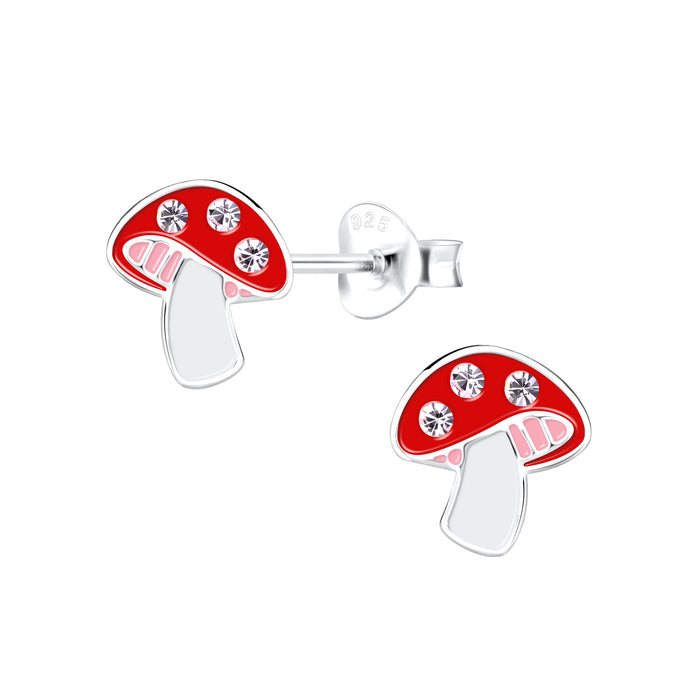 Joy|S - Zilveren paddenstoel oorbellen - 8 mm - rood met kristal