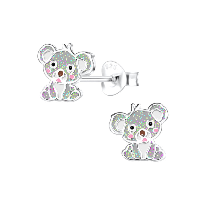 Joy|S - Zilveren baby koala oorbellen - 8 mm - grijs met glittertjes