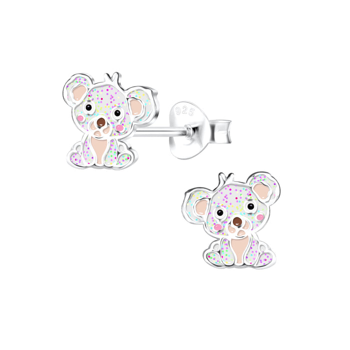 Joy|S - Zilveren koala oorbellen - 8 mm - wit met glittertjes - kinderoorbellen