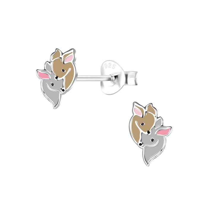 Joy|S - Zilveren hertje oorbellen - 6 x 8 mm - 2 hertjes bruin grijs