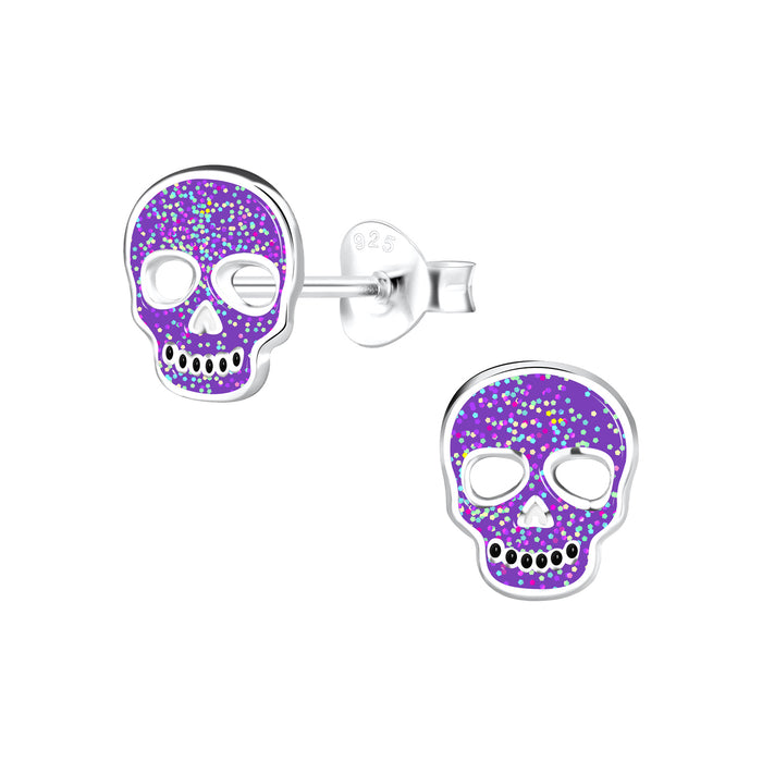 Joy|S - Zilveren skull oorbellen - doodskop - 6 x 8 mm - paars met glittertjes - kinderoorbellen