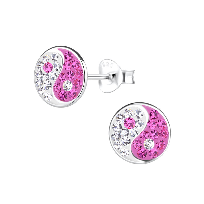 Joy|S - Zilveren yin yang oorbellen - 8 mm rond - roze wit kristal - oorknoppen