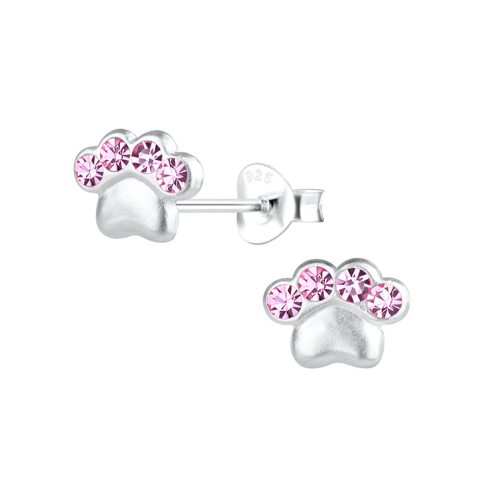 Joy|S - Zilveren kat hond dierenpoot oorbellen - 8 x 6 mm - roze kristal - poot afdruk