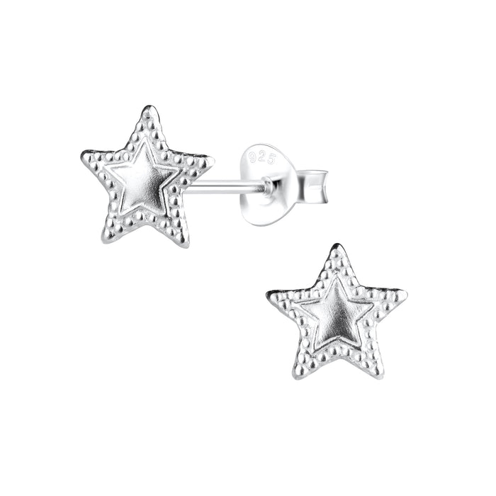 Joy|S - Zilveren ster oorbellen - bewerkte rand - 8 mm