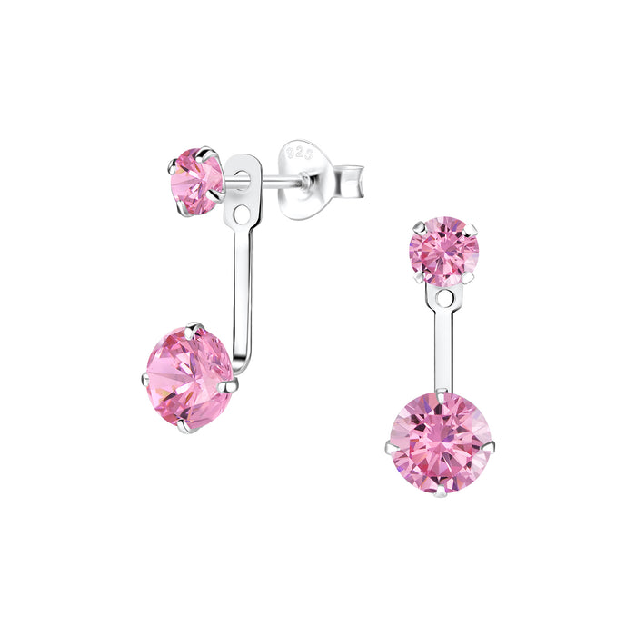 Joy|S - Zilveren ear jacket oorbellen - 2 x zirkonia rond roze - verstelbaar in hoogte - sterling zilver 925
