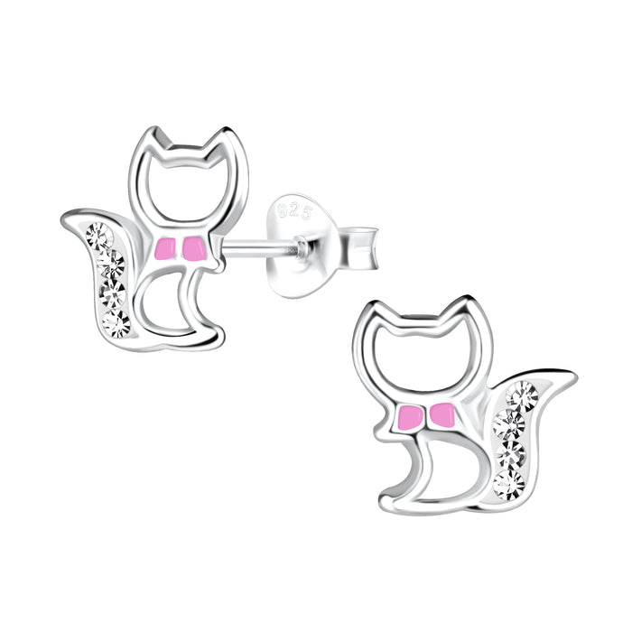 Joy|S - Zilveren kat poes oorbellen - zilver met roze strikje - 9 mm - kristal