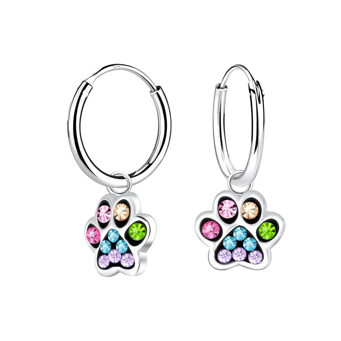 Joy|S - Zilveren kat hond dierenpoot oorbellen - oorringen - multicolor kristal - poot afdruk