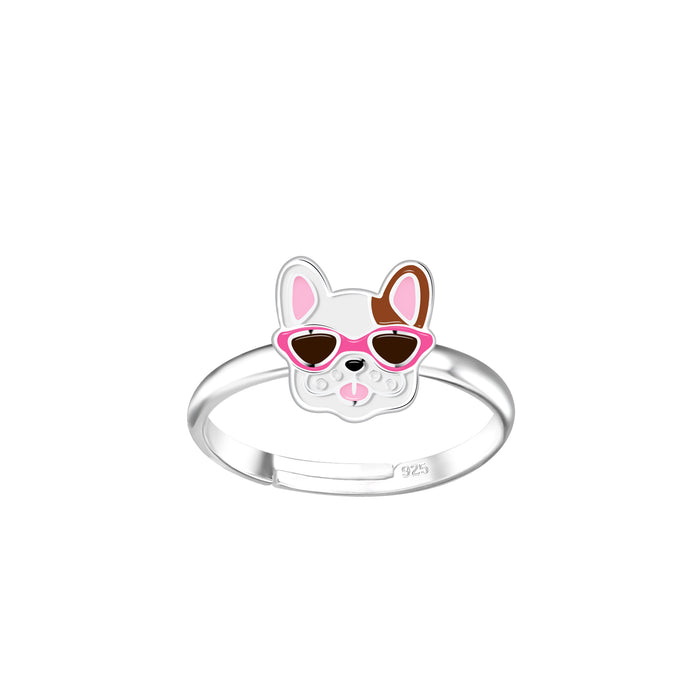 Joy|S - Zilveren hond ring - verstelbaar - hondje met roze zonnebril - voor kinderen