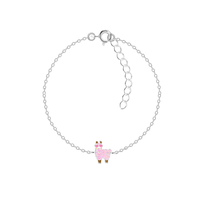 Joy|S - Zilveren alpaca lama armband - 13 cm + 3 cm extension - roze alpaca met glitters en hartje zonnebril - armband voor kinderen