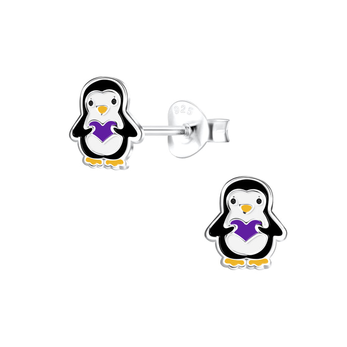 Joy|S - Zilveren pinguïn oorbellen - 6 x 7 mm - paars hartje - kinderoorbellen
