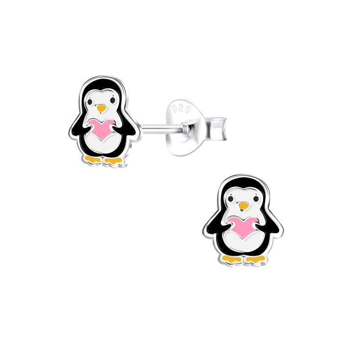 Joy|S - Zilveren pinguïn oorbellen - 6 x 7 mm - roze hartje - kinderoorbellen