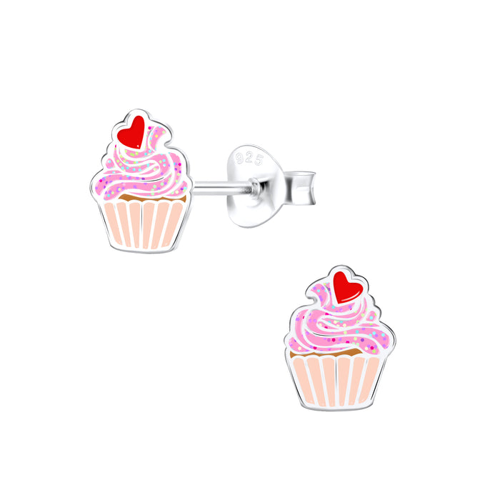 Joy|S - Zilveren cupcake oorbellen - met rood hartje - 6 x 8 mm oorknoppen - t78