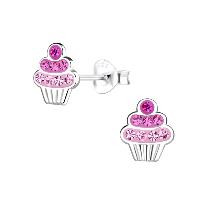 Joy|S - Zilveren cupcake oorbellen - 7 x 8 mm - zilver met roze kristal - kinderoorbellen