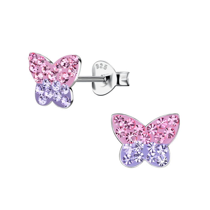 Joy|S - Zilveren vlinder oorbellen - roze paars kristal - 9 x 7 mm - rhodium / gehodineerd