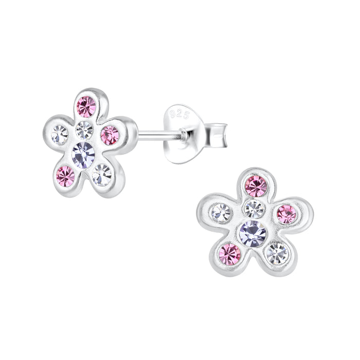Joy|S - Zilveren bloem oorbellen - 8 mm - zilver met roze kristal