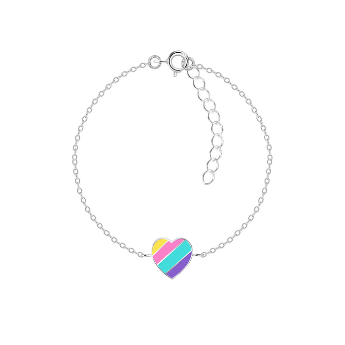 Joy|S - Zilveren hartje armband - regenboog strepen multicolor - 13 cm + 3 cm extension - armband voor kinderen