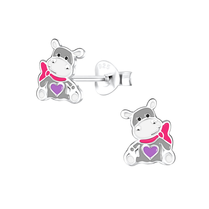 Joy|S - Zilveren nijlpaard oorbellen - met paars hartje - 6 x 8 mm oorknoppen - t46