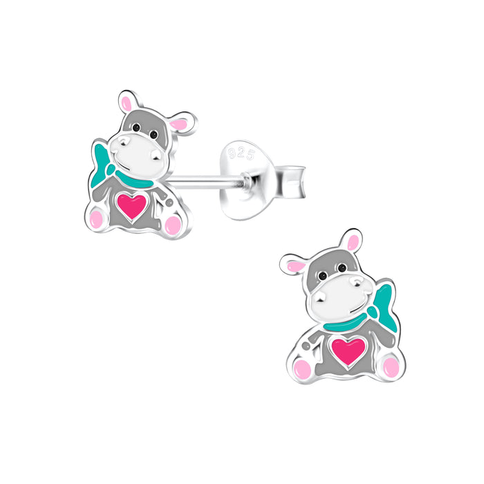 Joy|S - Zilveren nijlpaard oorbellen - met roze hartje - 6 x 8 mm - t39