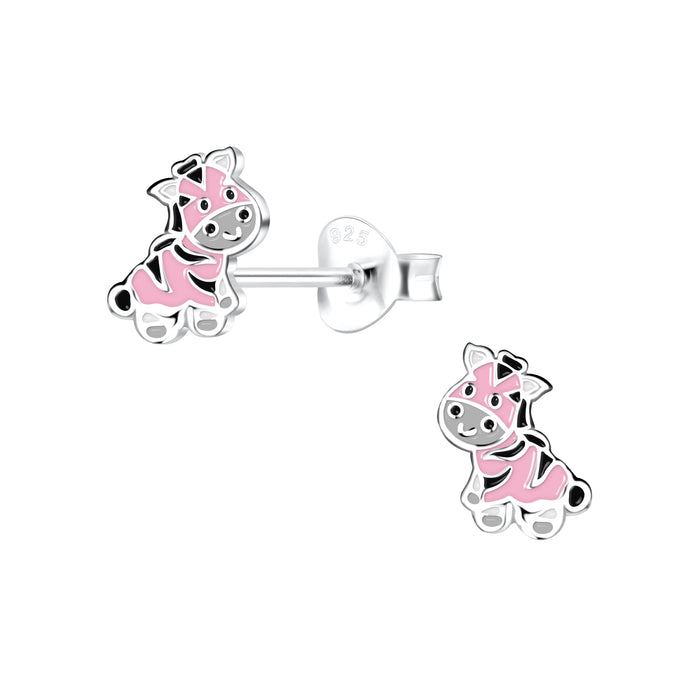 Joy|S - Zilveren zebra oorbellen - roze zwart - 5 x 8 mm - kinderoorbellen